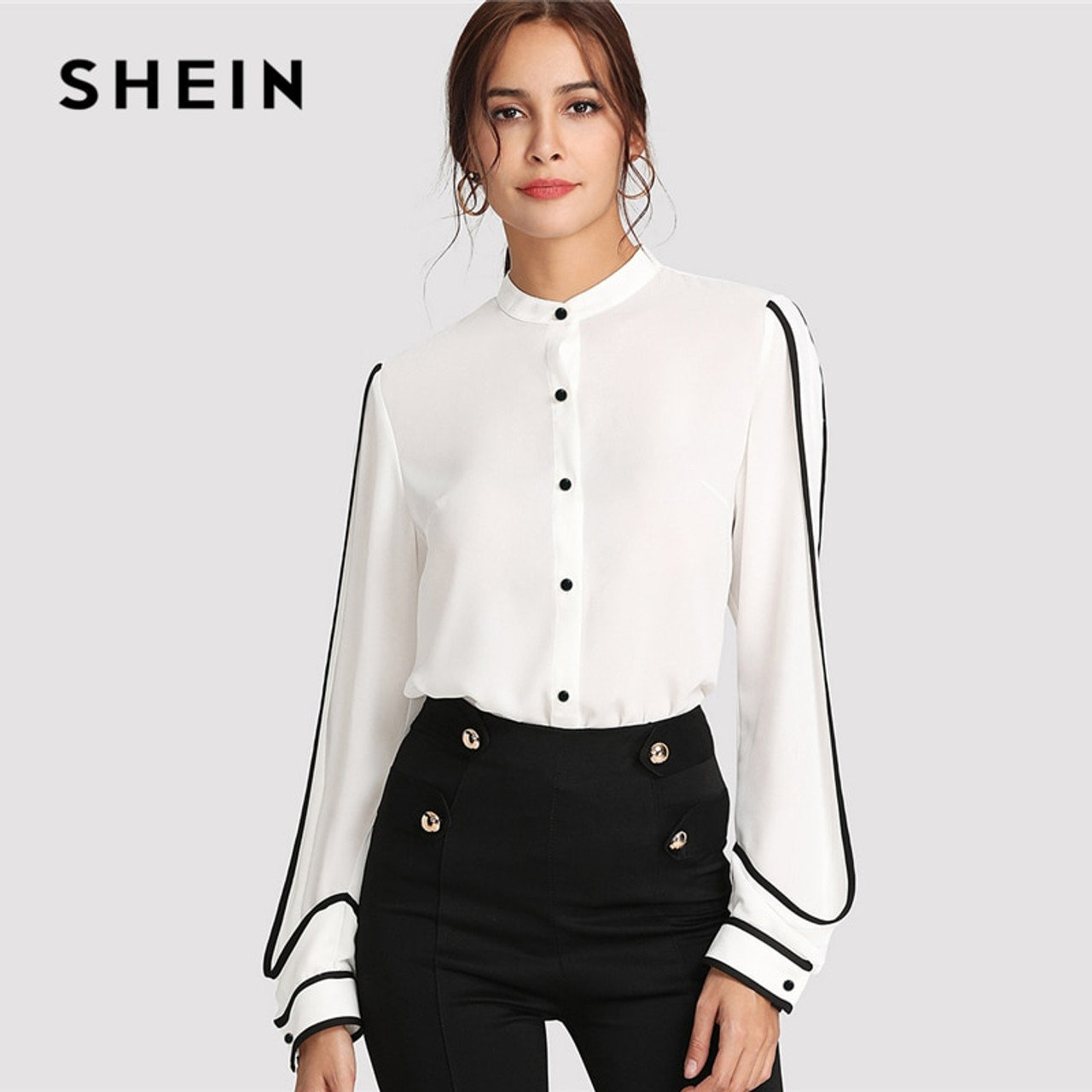Shein White Elegant Stand Collar Long Sleeve Button Black Striped Blouse Autumn Women Workwear Shirt Top Onshopdeals Com Shein White Elegant Stand Collar Long Sleeve Button Black Striped Blouse Autumn Women Workwear Shirt Top Onshopdeals Com