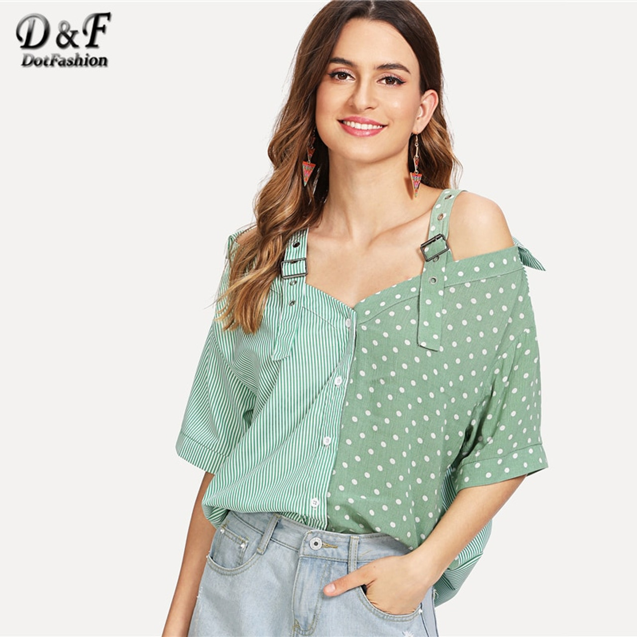 Dotfashion Open Shoulder Contrast Panel 