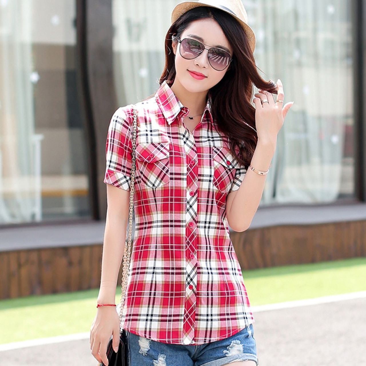 Short sleeve check shirt womens clearance