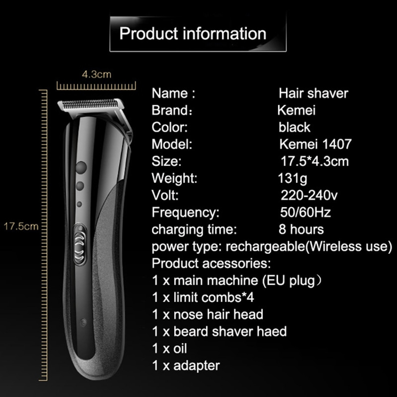 Kemei Km 1407 3 In 1 Hair Trimmer Rechargeable Electric Nose Hair