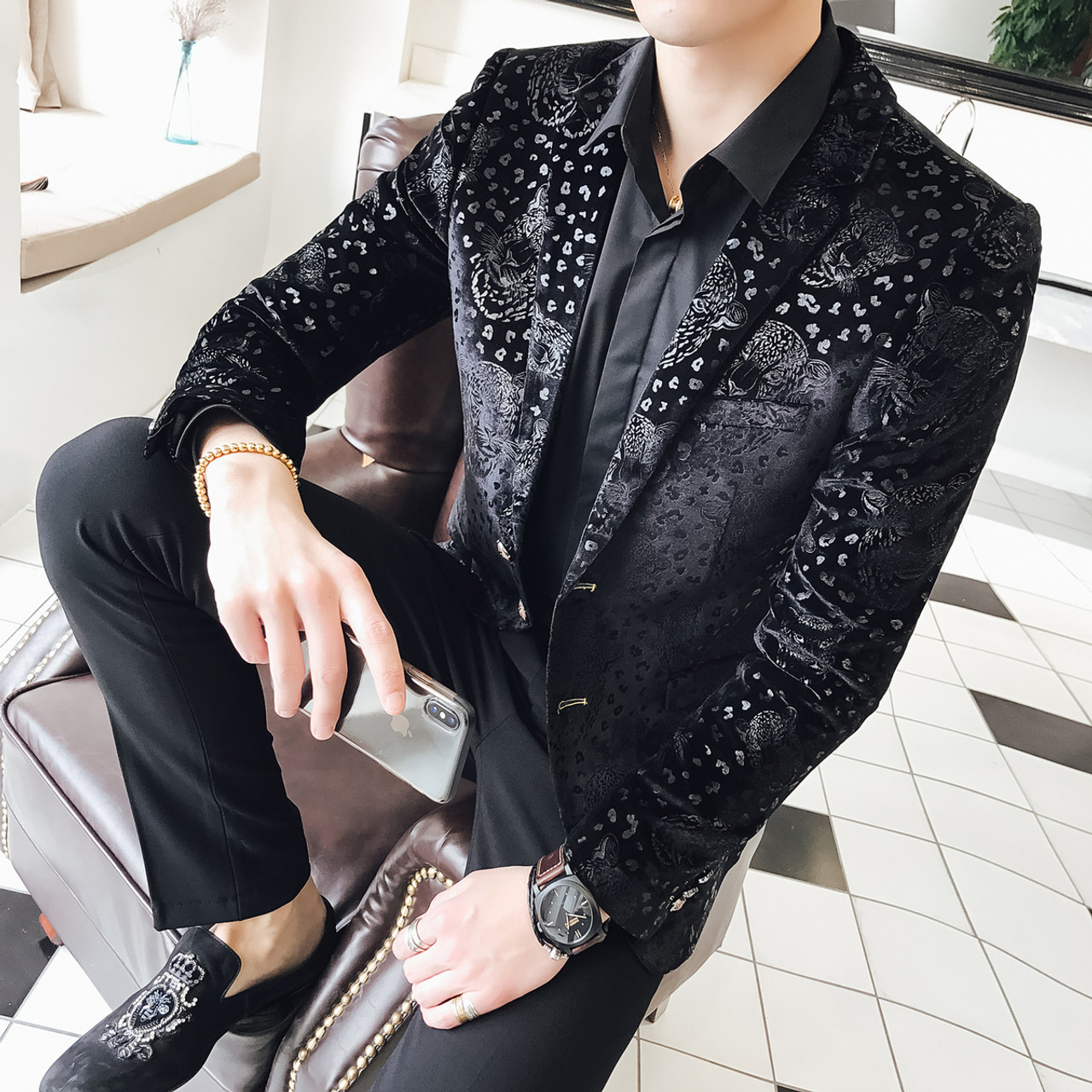 Black Velvet Blazer Men Male Suit 