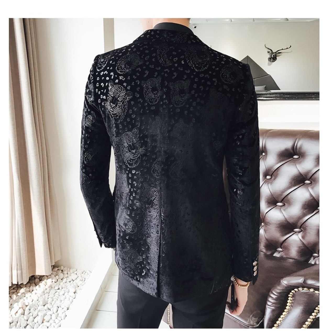 Black Velvet Blazer Men Male Suit Jacket Casual Business Flower Pattern ...