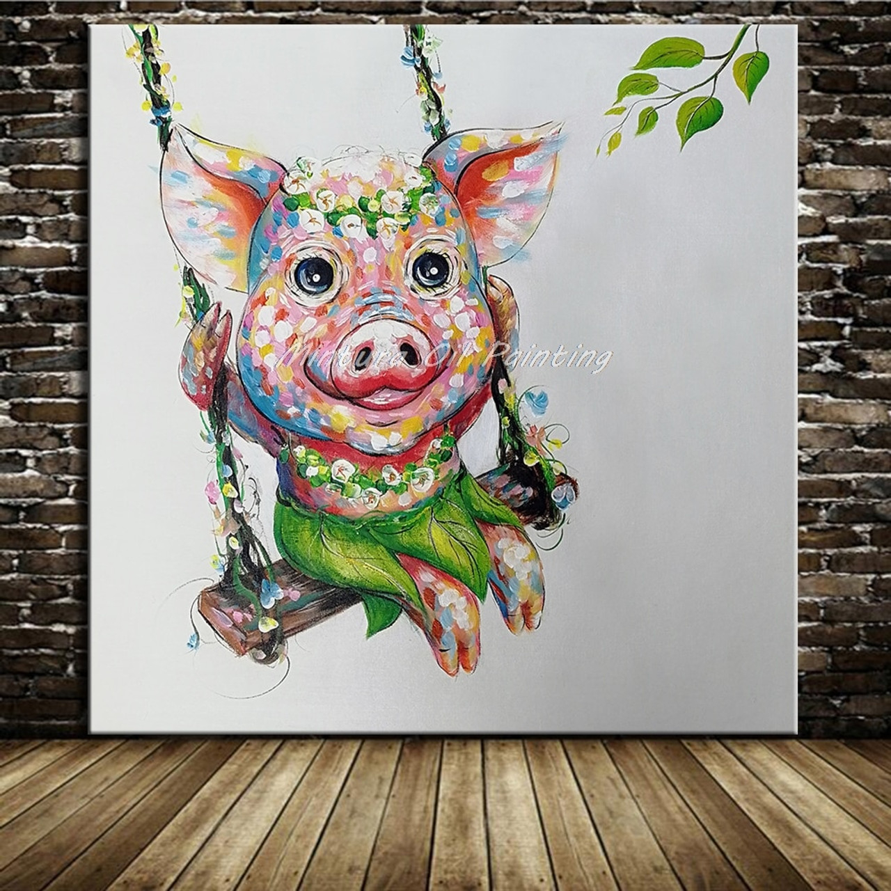 Mintura Original Hand Painted Piggy Oil Painting On Canvas Modern