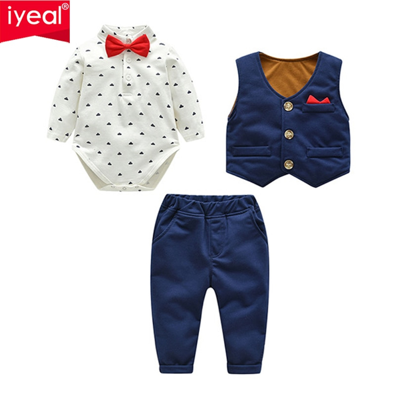 Iyeal Baby Boy Clothes 3 Pieces Suits Vest Tie Rompers Pants