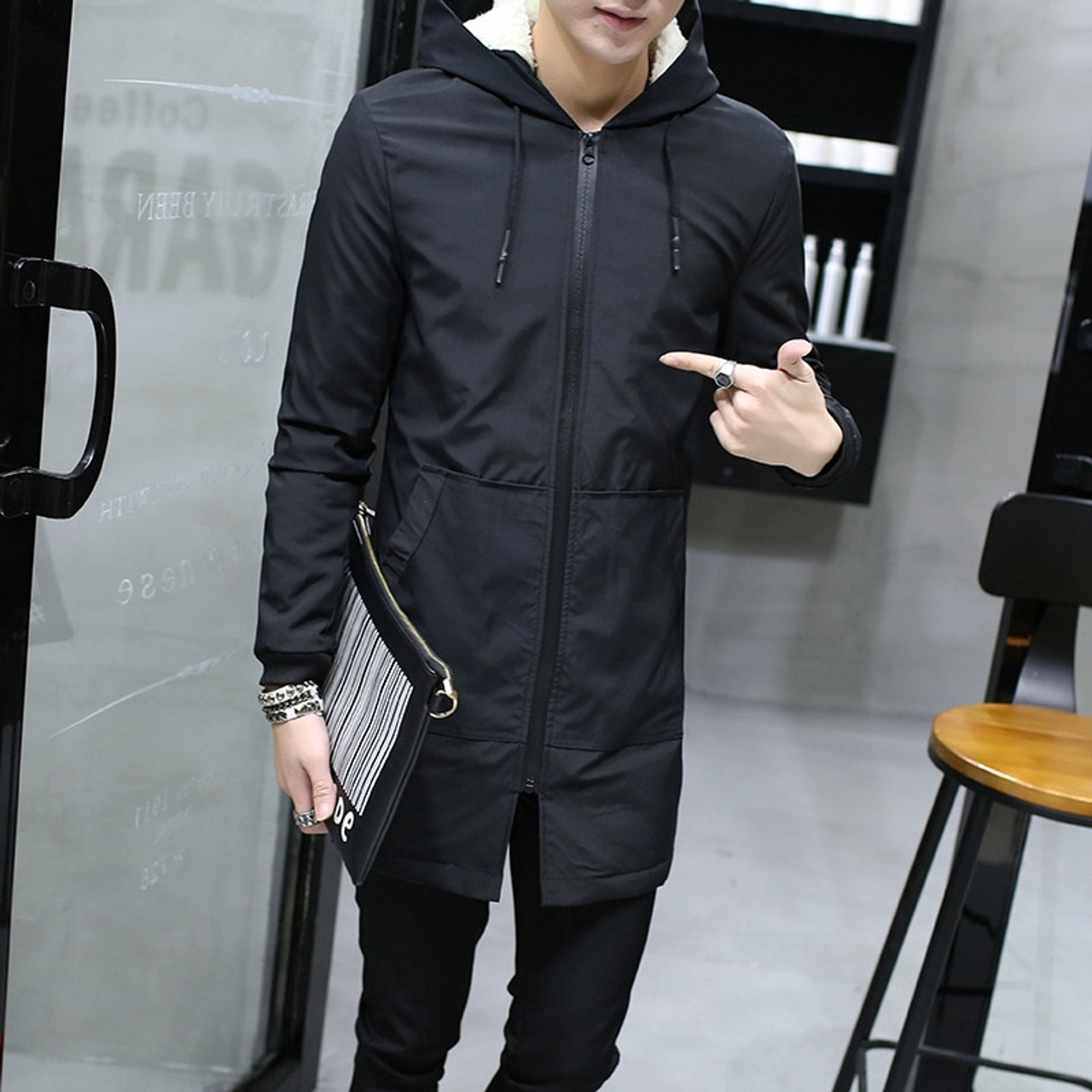 Korean Slim Men Long Cotton-padded Jacket Stand collar Black Winter Outwear  Warm | eBay