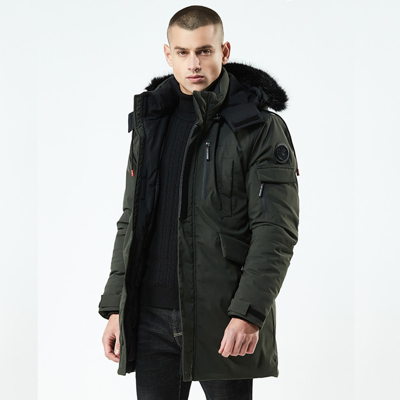 92.91 US$- New Winter Jacket Mens Thick High Quality Midlength Large Fur  Collar Outdoor Youth Men Over The Knee Hooded Down Jacke-Description