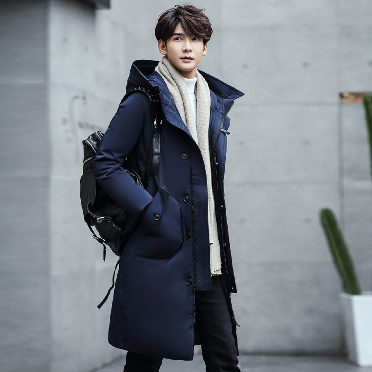 Winter Long Jacket Men Fashion Korean Loose Fit Double Breasted Trench Coat  Teenager Turn-down Collar Pocket Warm Overcoat Male