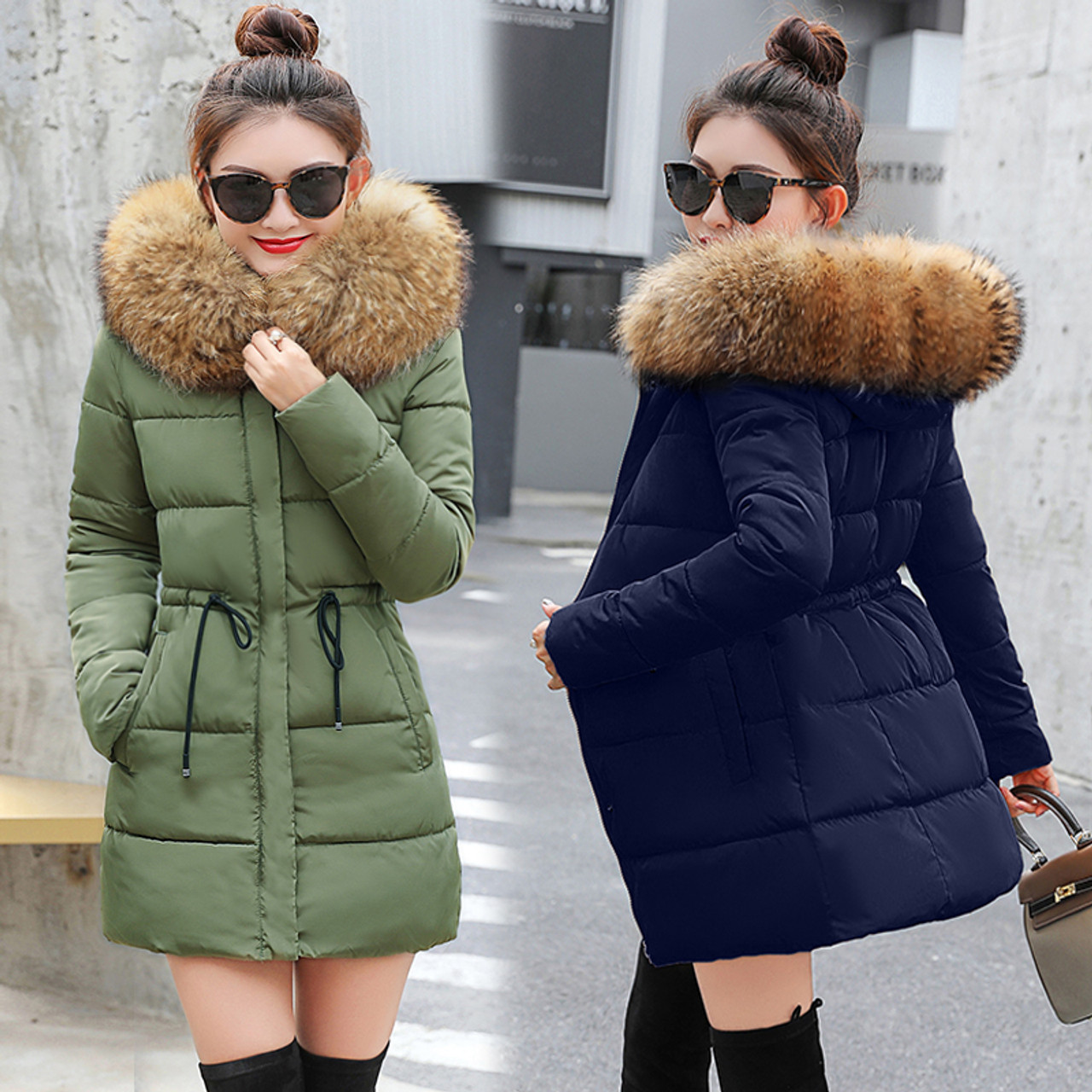 US$43.36-2022 New Winter Jacket Women Coat Fur Collar Hooded Fur Lining  Parka Thicken Warm Coat Drawstring Slim Parkas Winter Cl-Description