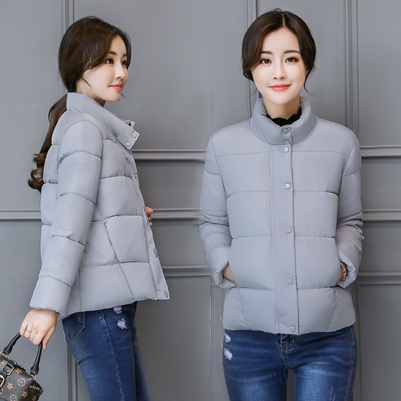 Autumn Winter Short Women Solid Color Long Sleeve Warm Stand