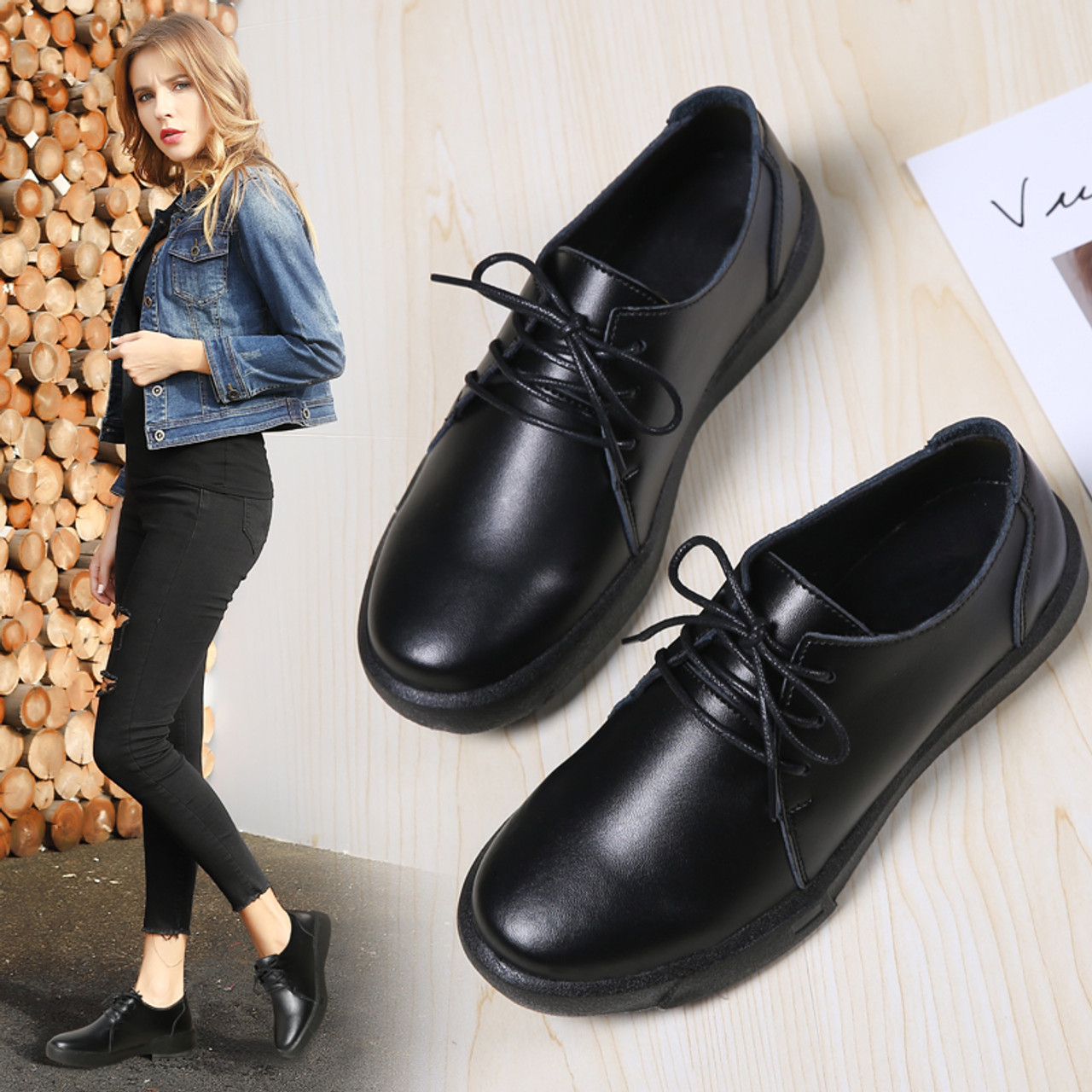 Women Winter Flats Shoes Genuine Leather Lace Up Office Lady