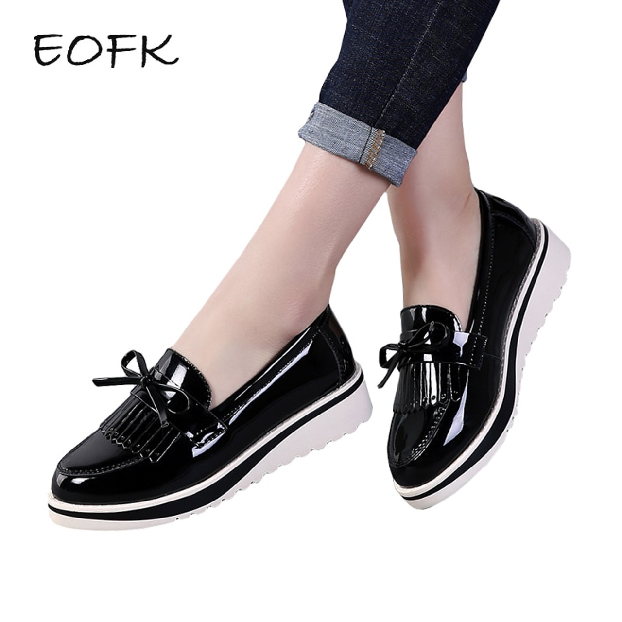 EOFK Flat Shoes Women Autumn Black 