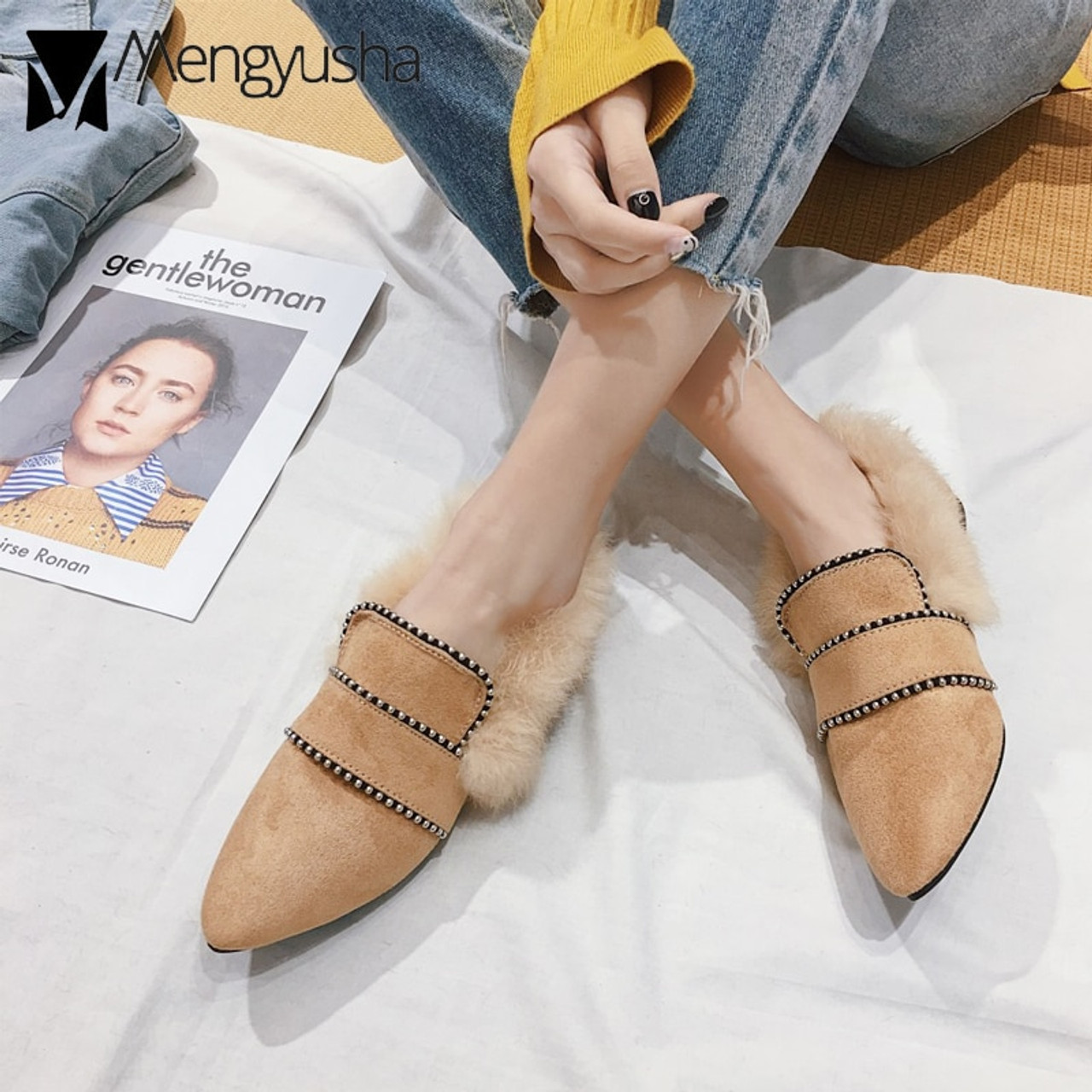 Flock Beading Decoration Flat Mules Women Furry Loafers Pointed
