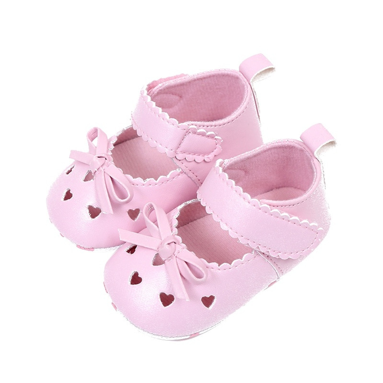 New Baby Girl Pink Hearts Bow Leather Mary Jane Crib Shoes