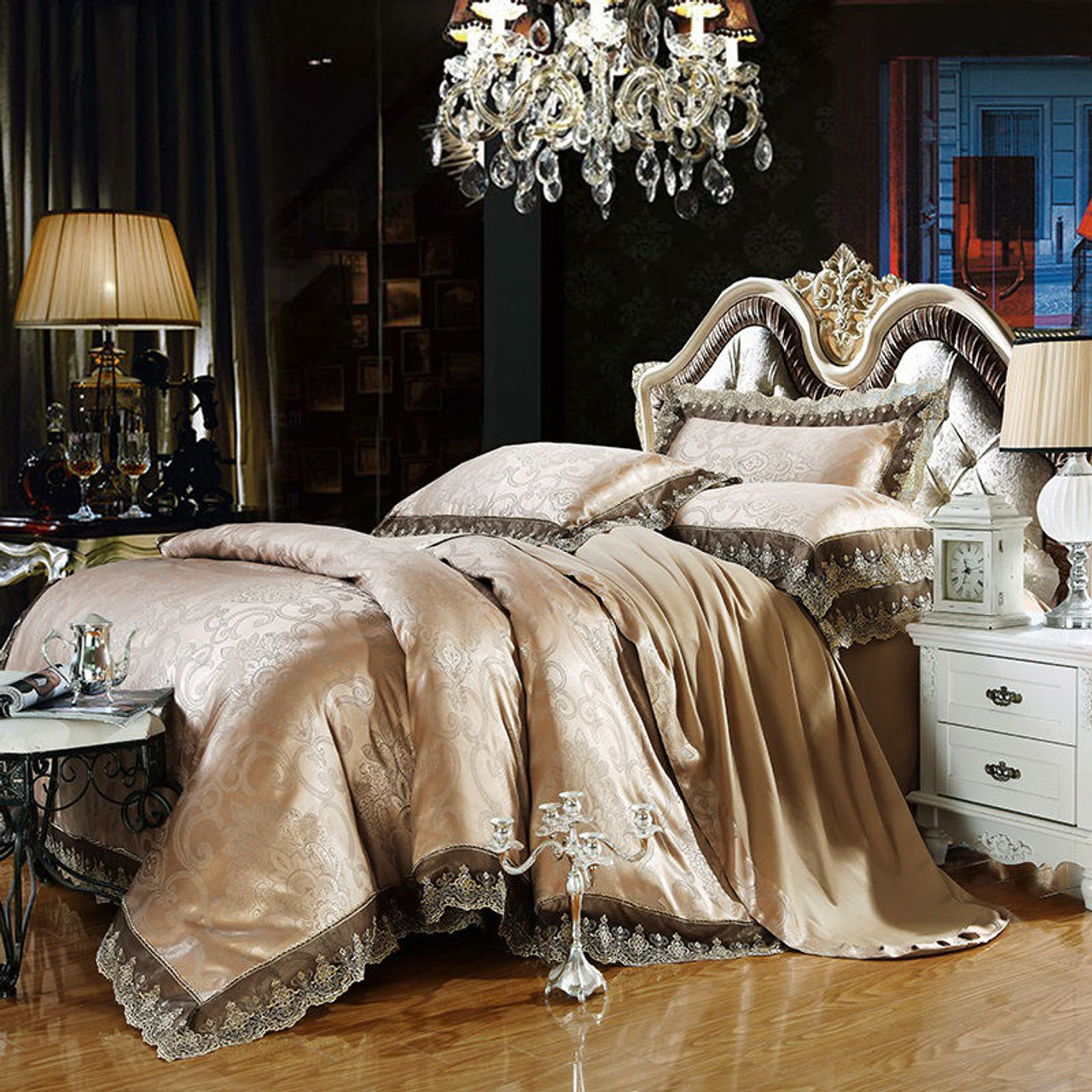 Gray Gold Jacquard Bedding Sets 6pc 4pc Queen King Size Duvet