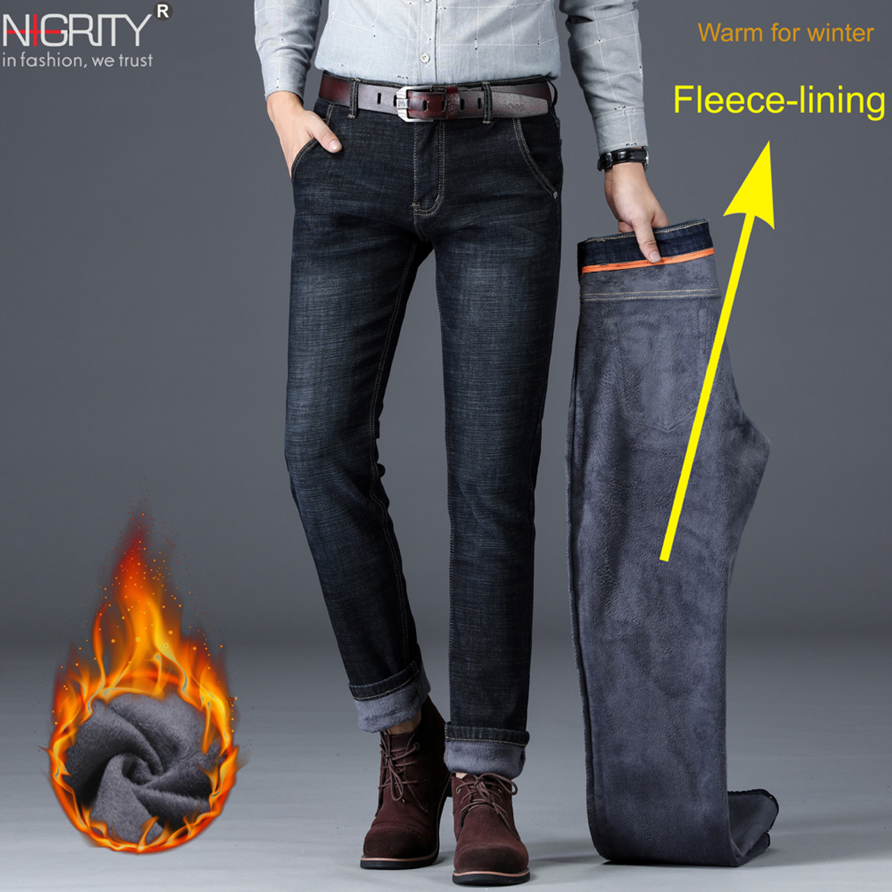 Winter New Men's Warm Jeans Classic Style Fleece Thicken Stretch Denim  Trousers Regular Fit Pants Black Blue