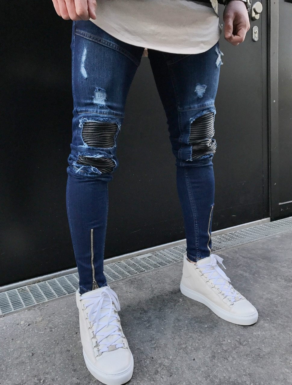 Men's Casual Ripped Jeans Autumn Slim Fit Skinny Distressed Destroyed  Zipper Holes Denim Pants (L, B Blue) : Amazon.in: Clothing & Accessories