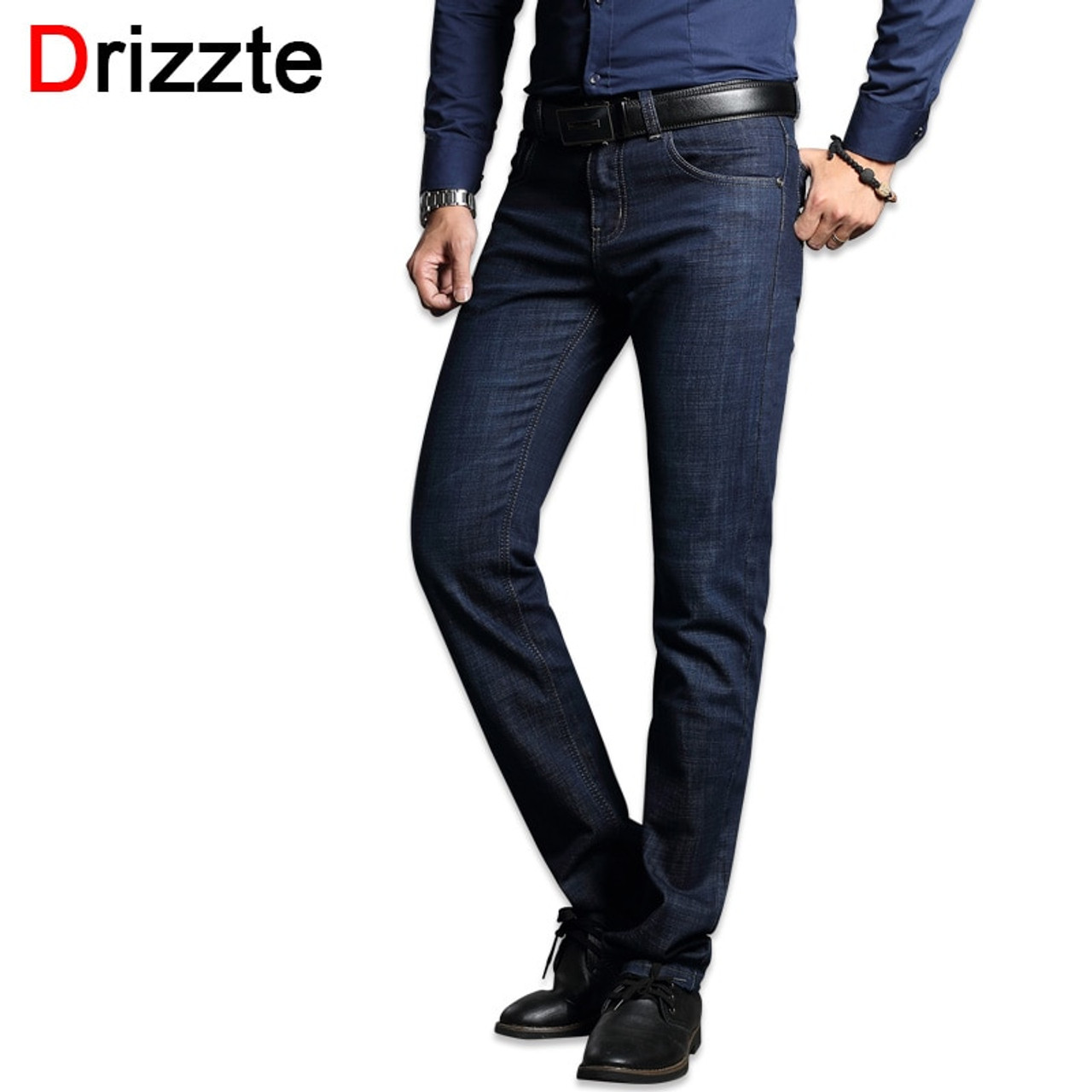 Drizzte Men's Jeans Blue Denim Business Stragiht Silm Fit Jeans Size 30 32 34 35 36 38 Pants Jean for Men -