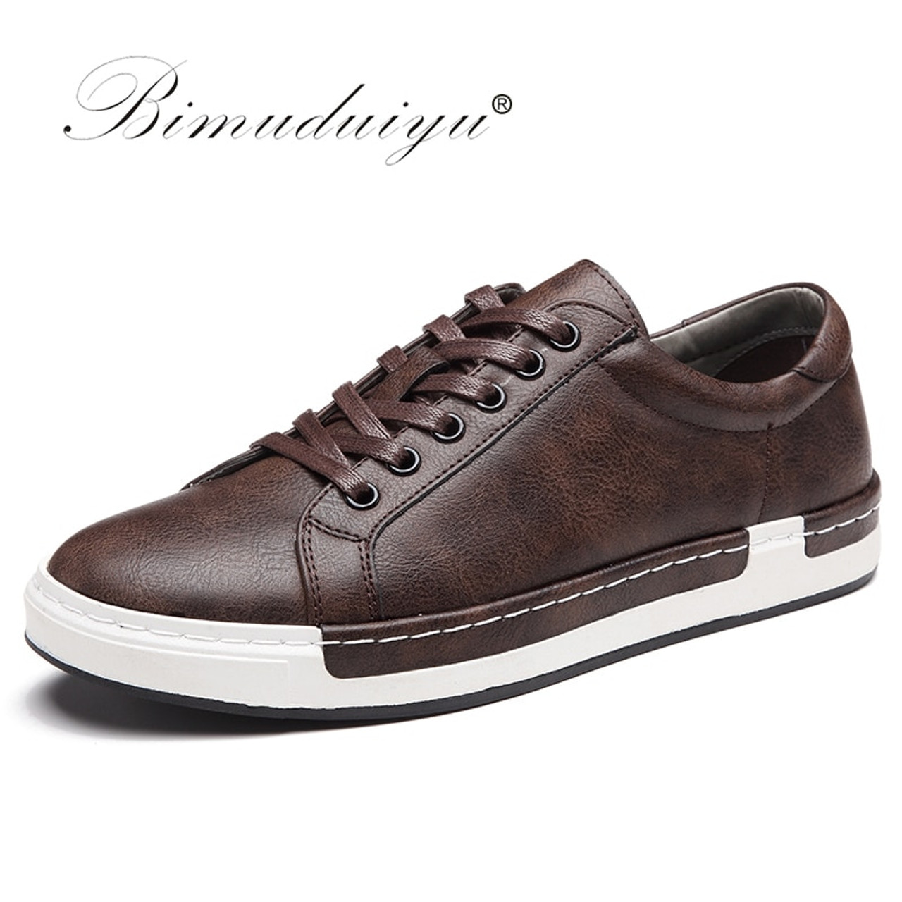 Casual Shoes Mens Leather Flats Lace-Up 