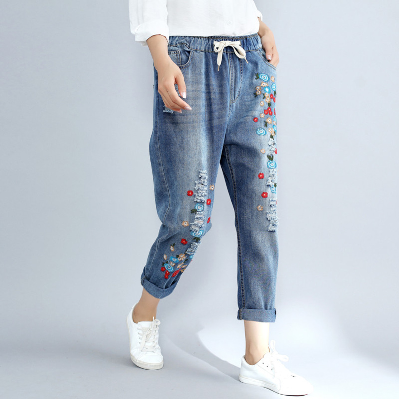 Plus Size 3xl Floral Embroidery Boyfriend Ripped Jeans For Women Harem Pants Lace Up Drawstring Denim Jeans Vaqueros Mujer C4304 Onshopdeals Com