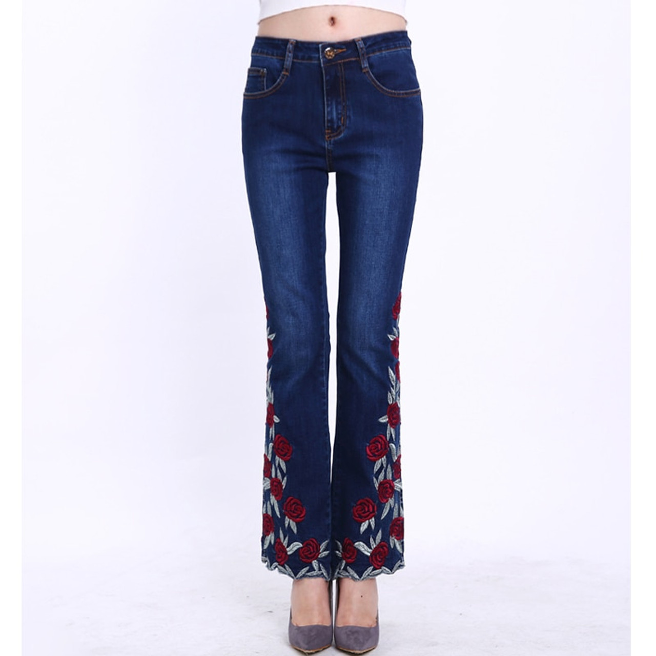 Woman Jeans Bell Bottom Jeans Embroidered High Stretch Womens Flared Pants Denim Ladies Flowers Embroidery Jeans Mujer Femme 36 Onshopdeals Com