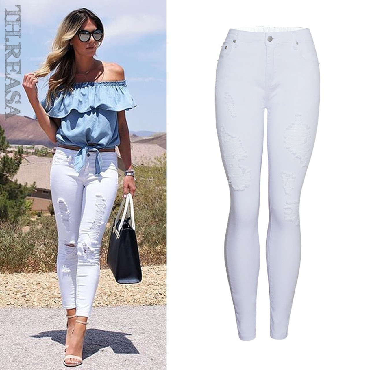 ladies white ripped jeans