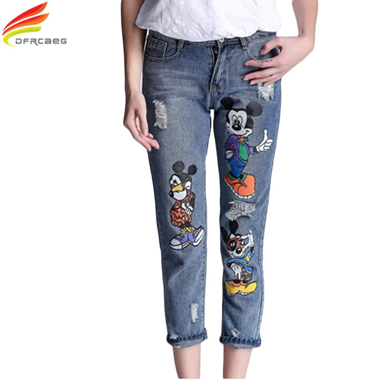5xl 18 Fashion High Waist Pencil Boyfriend Jeans Femme Print Cartoon Jeans Woman Denim Pants Plus Size Ripped Jeans For Women Onshopdeals Com