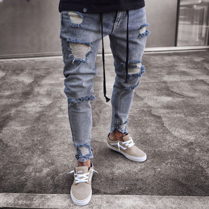 Skinny Ripped Jeans For Men Male Blue 