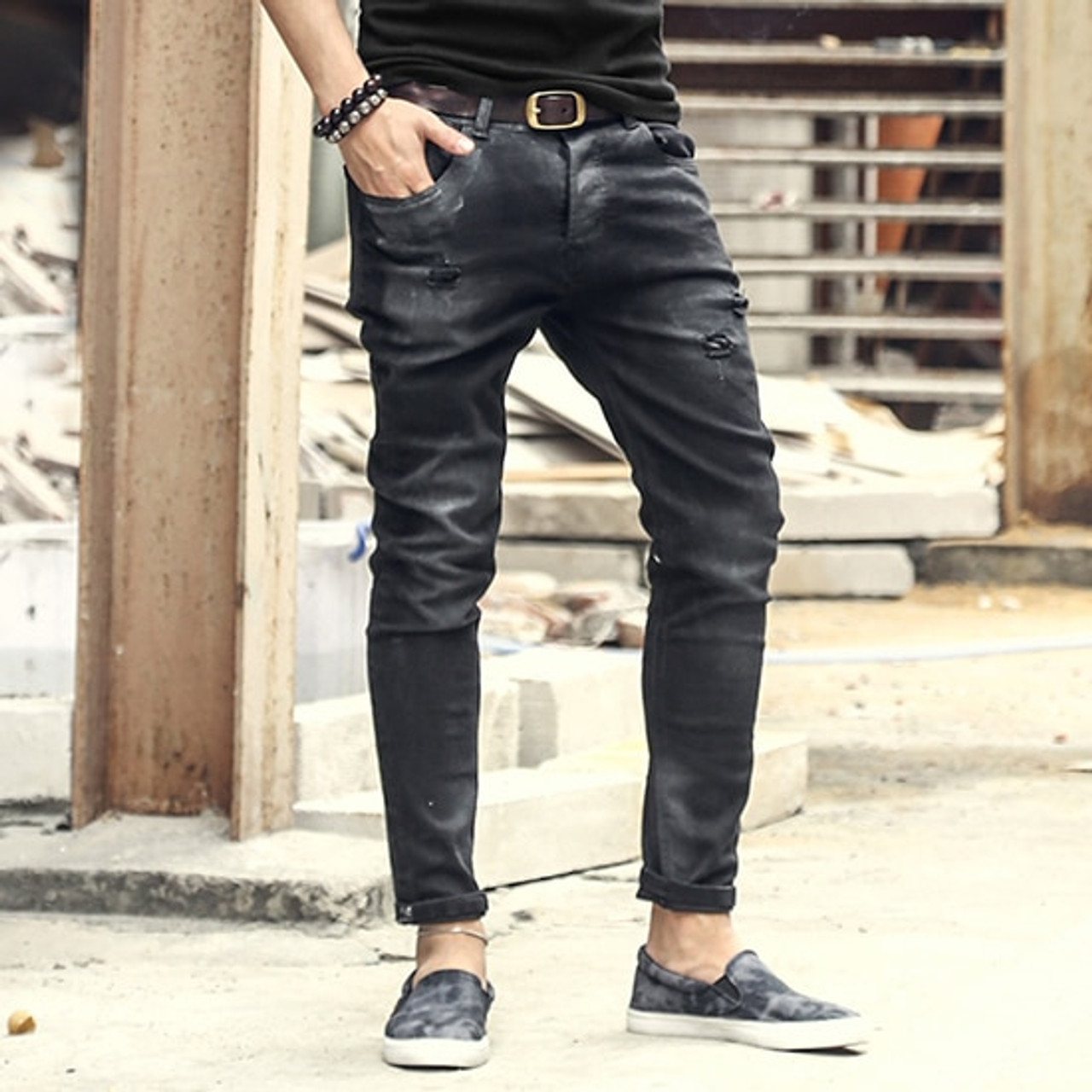 Fashion Vintage Mens Ripped Jeans Pants Slim Fit Distressed Hip Hop Denim Pants New Spring Men Black Stretch Jeans Pants Onshopdeals Com
