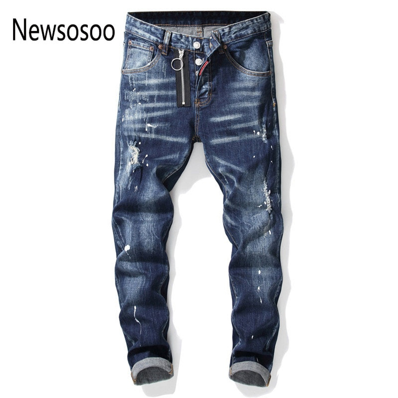 European American Style famous brand mens jeans luxury Men straight denim trousers zipper Patchwork Slim blue jeans for men - OnshopDeals.Com