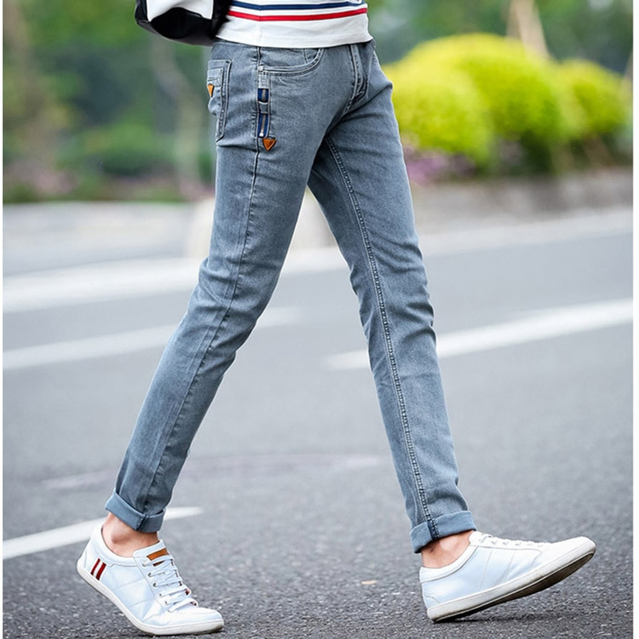 New Korean Style Men Jeans Grey Slim Skinny Man Biker Jeans with Zippers  Designer Stretch Fashion Casual Pants Pencils Trousers  OnshopDealsCom