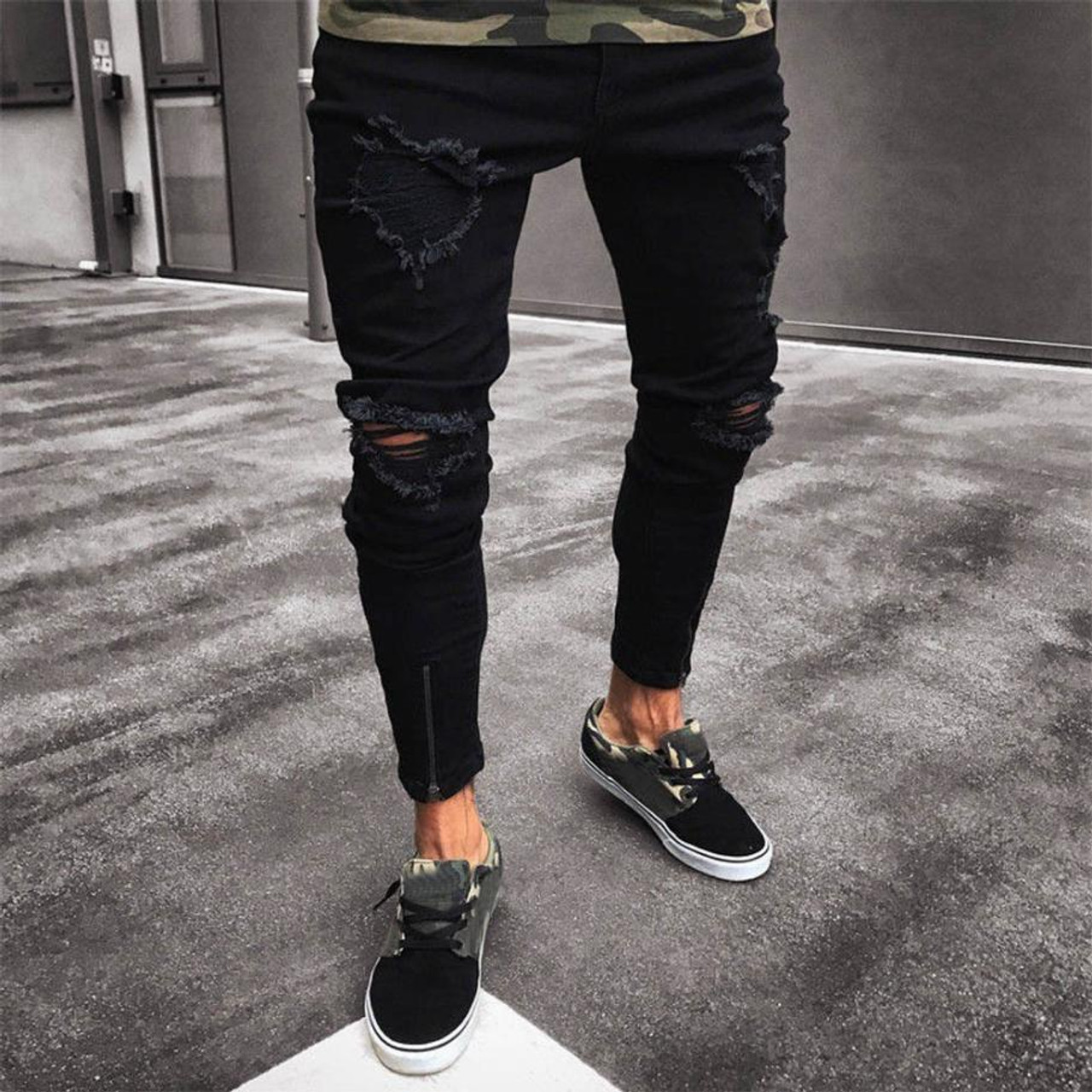 2018 men's new jeans men's hole elastic 