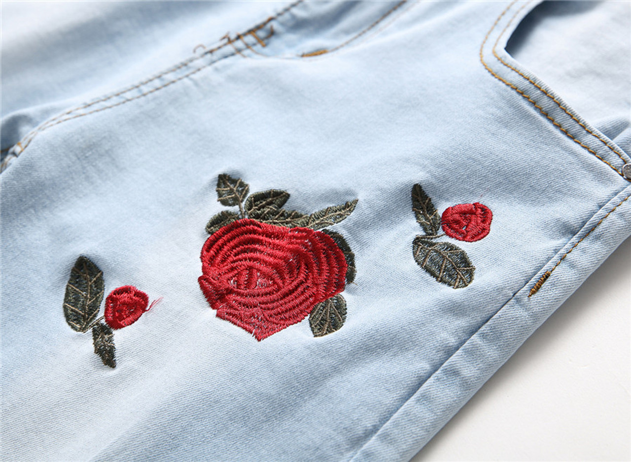 mens jeans with rose embroidery