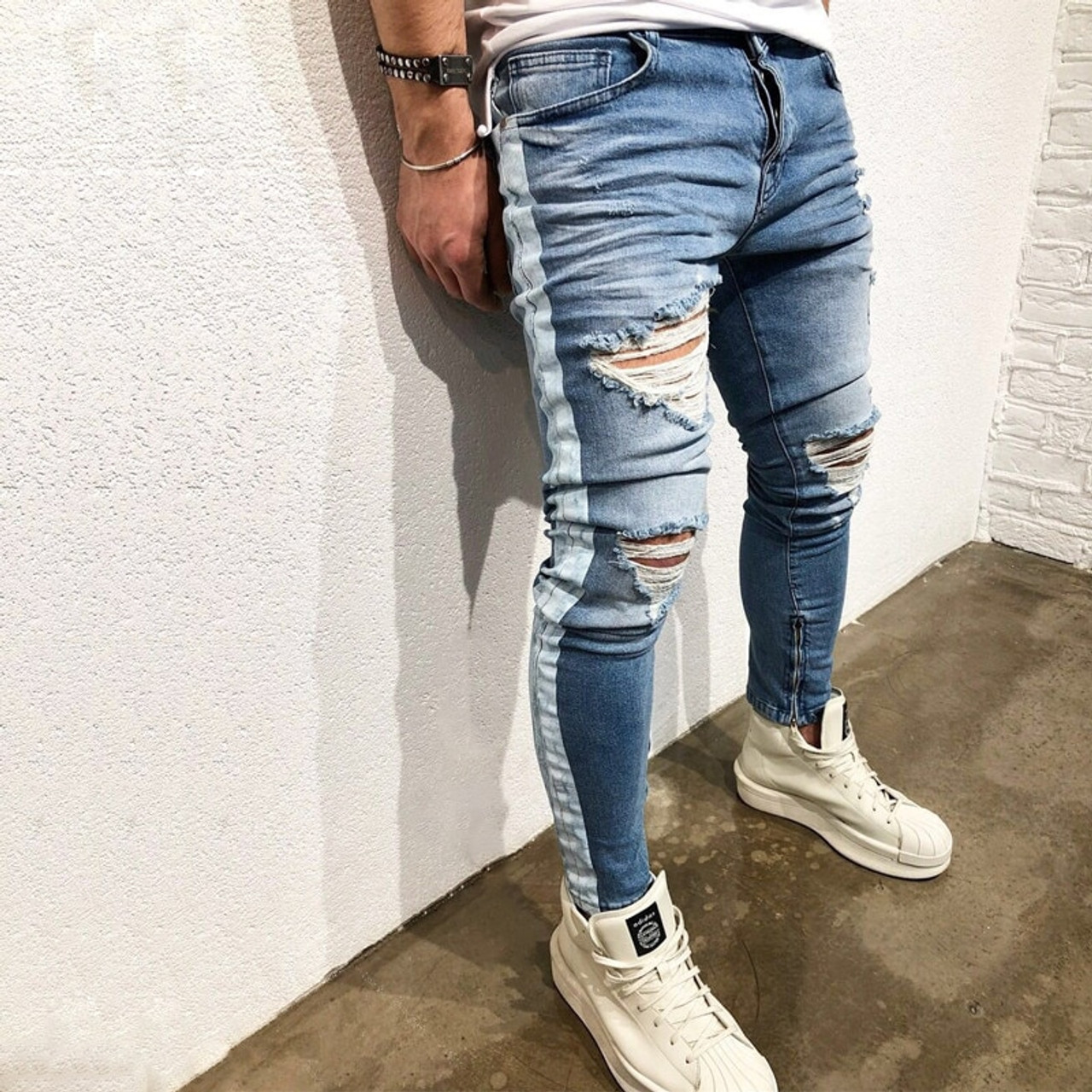 Streetwear Mens Jeans Fashion Casual Knee Hole Elasticity Pencil Pants  Trend Cool High Street Ripped Skinny Jeans Black Jeans - AliExpress