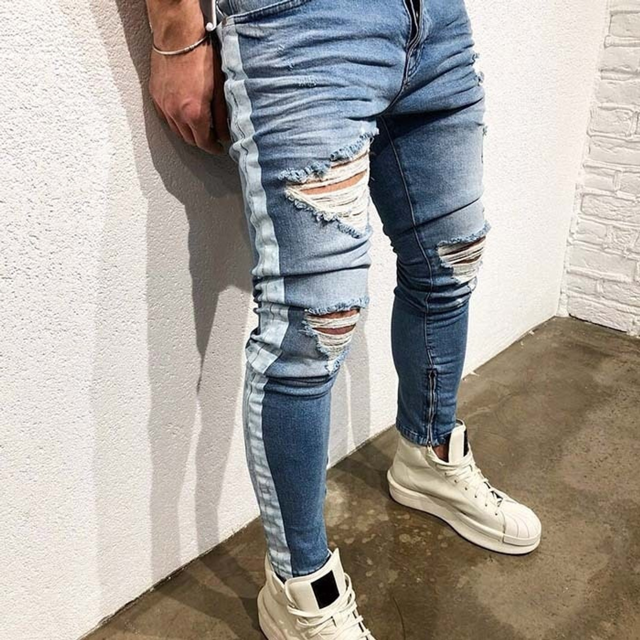 ripped striped jeans