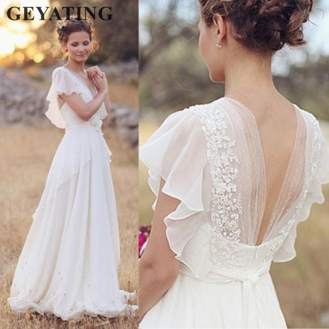 Bohemian Hippie Wedding Dresses 2018 Beach A Line Boho Wedding Dress Maternity Pregnant Bridal Gowns Backless White Lace Chiffon