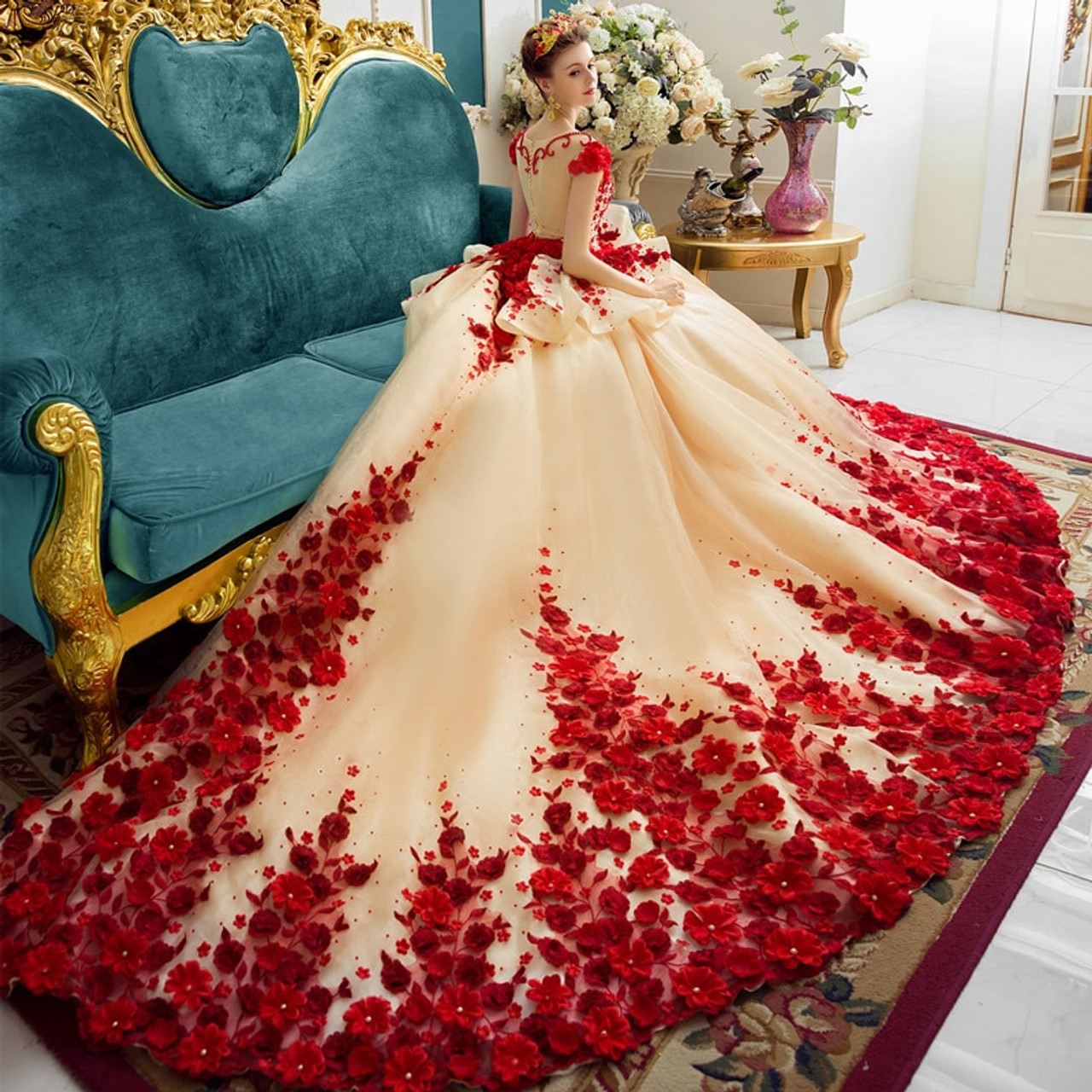 Luxury Flowers Appliqued Long Sleeve Wedding Ball Gown - VQ