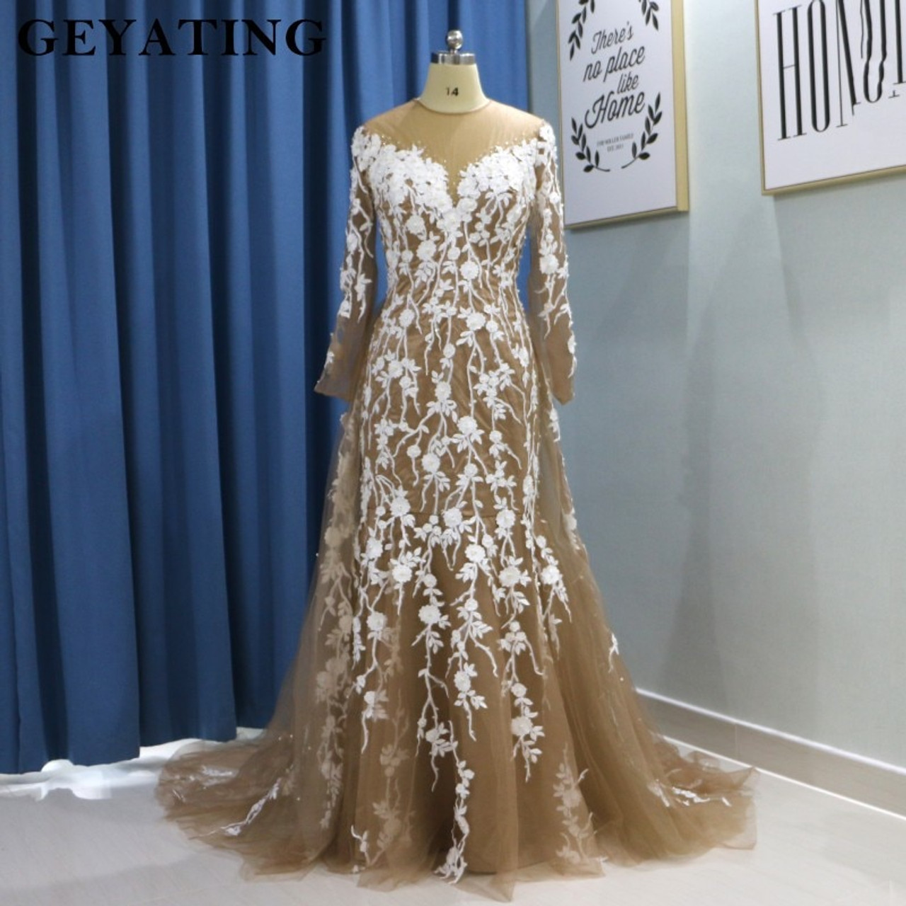 Champagne Lace Long Sleeves Mermaid Wedding Dress With Detachable