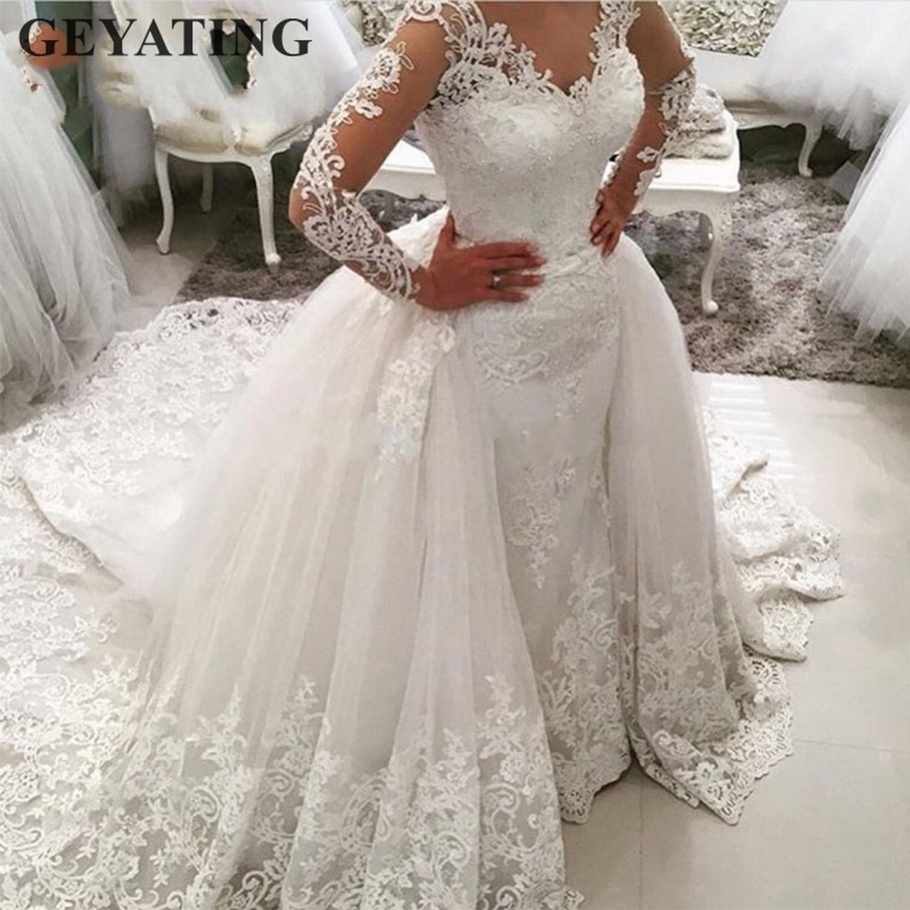 AM1283 Detachable Skirt 2 in 1 Transparent Lace Luxury Wedding Dress – AiSO  BRiDAL