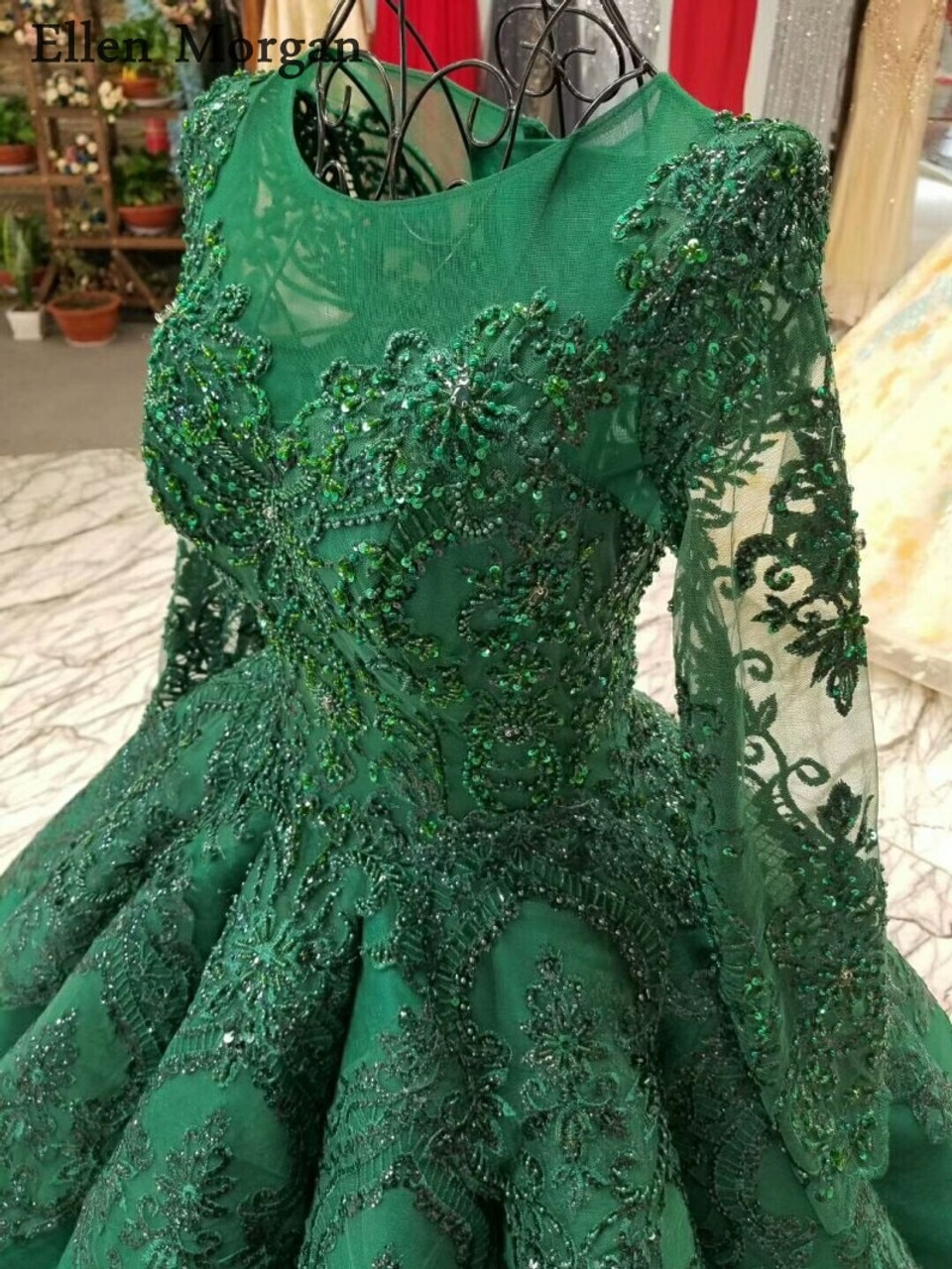 Gorgeous Lace Flower Beaded V-neck Emerald Green Prom Dress Ball Gowns –  alinanova