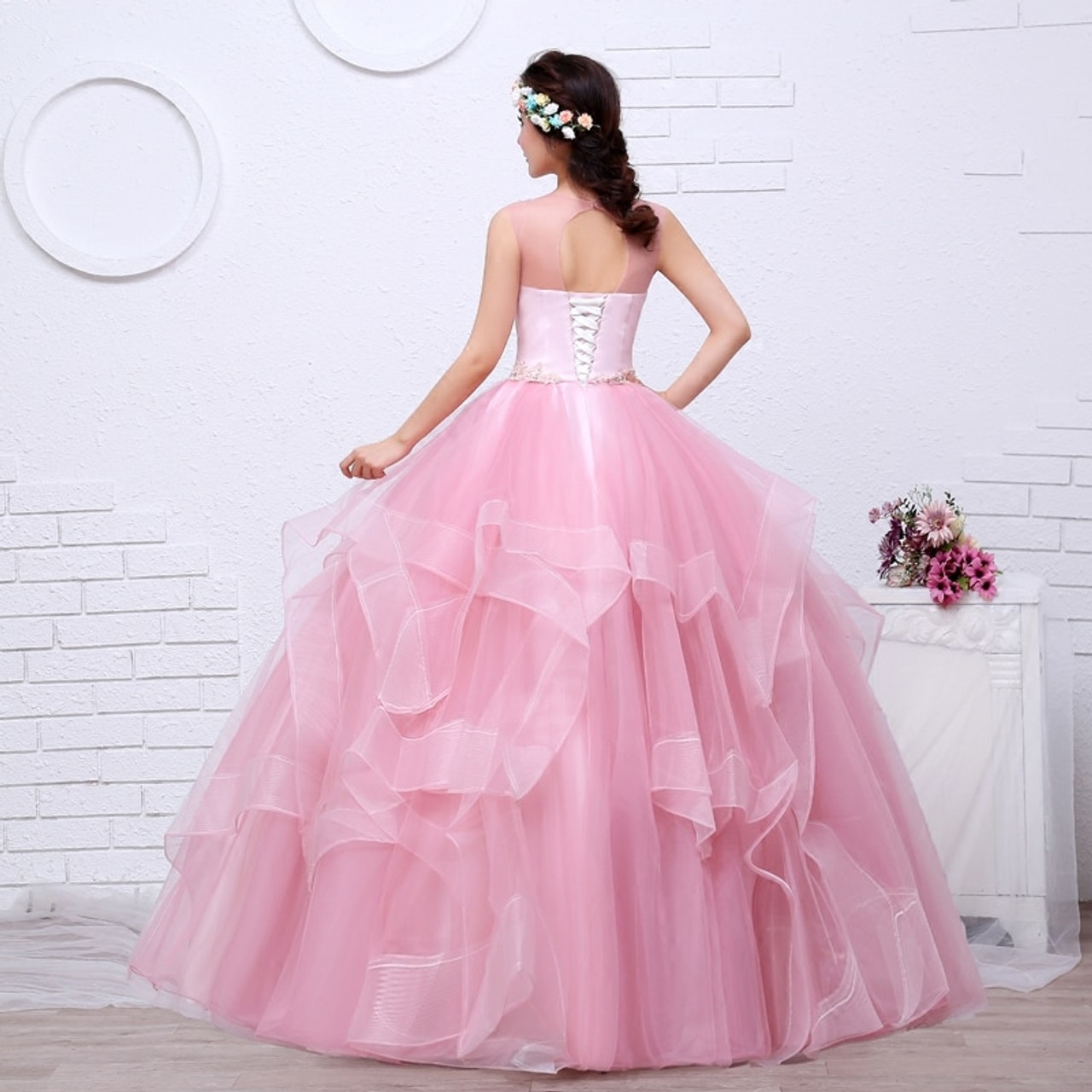 MISS36 - Luxurious Pink Floral Embroidery Beaded Princess Ball Style Wedding  Dresses Bride's Toast Evening Dress