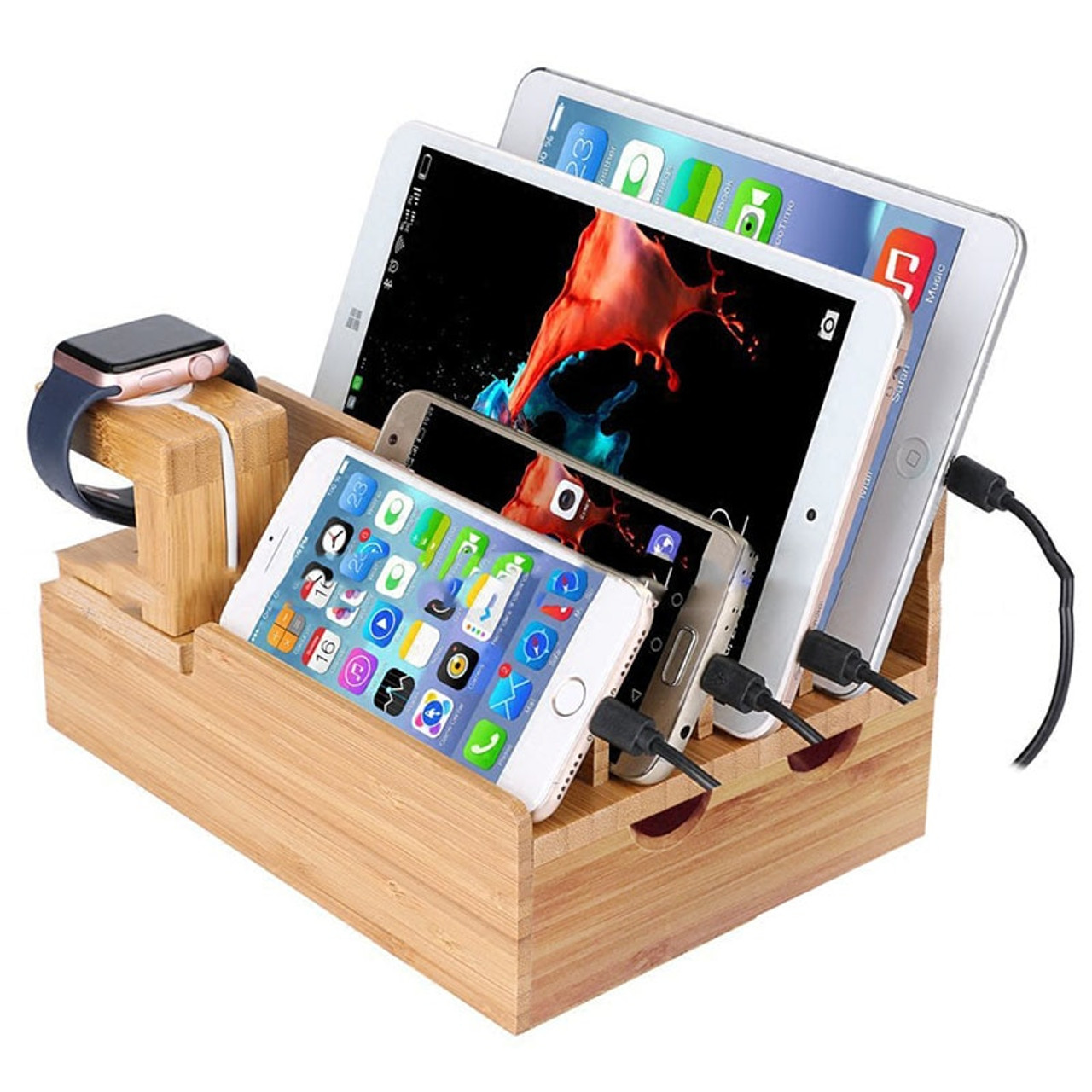 universal cell phone tablet pc holder bamboo charging station dock wooden storage stand for apple watch ipad iphone 5 6 7 8 plus