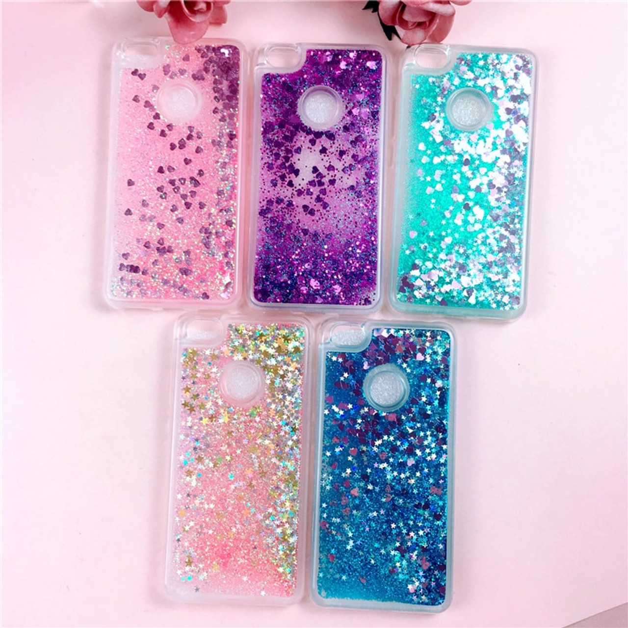 Hot Pink Clear Flowing Liquid Phone Case For Xiaomi Redmi Note 7 5 Pro Plus  5A Prime 4 X 4X 4A 6A 7A Glitter Heart Sequins Cover