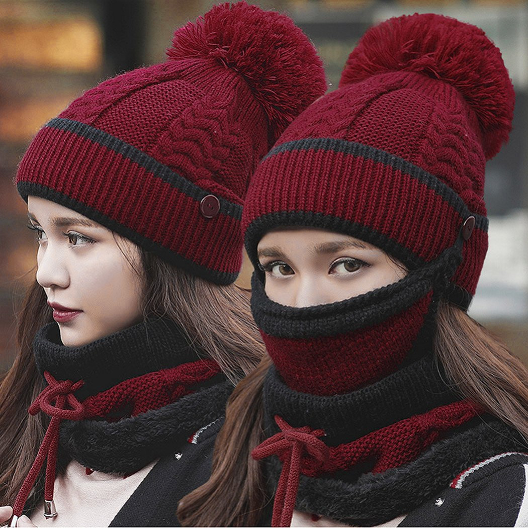 Winter Hat Scarf Mask Collar 3Pcs 