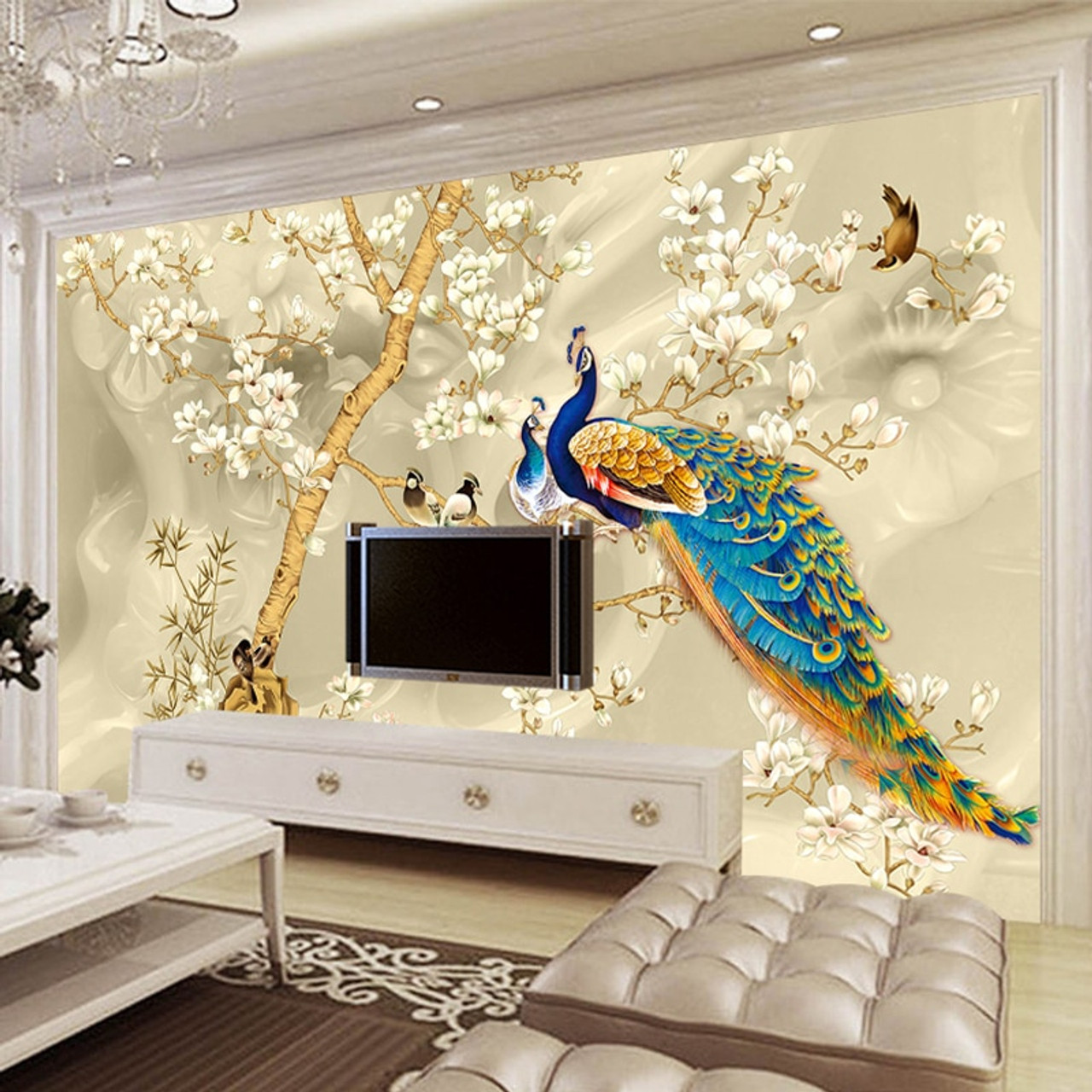 Custom Mural Wallpaper 3D Stereo Magnolia Flowers Peacock Wall Painting