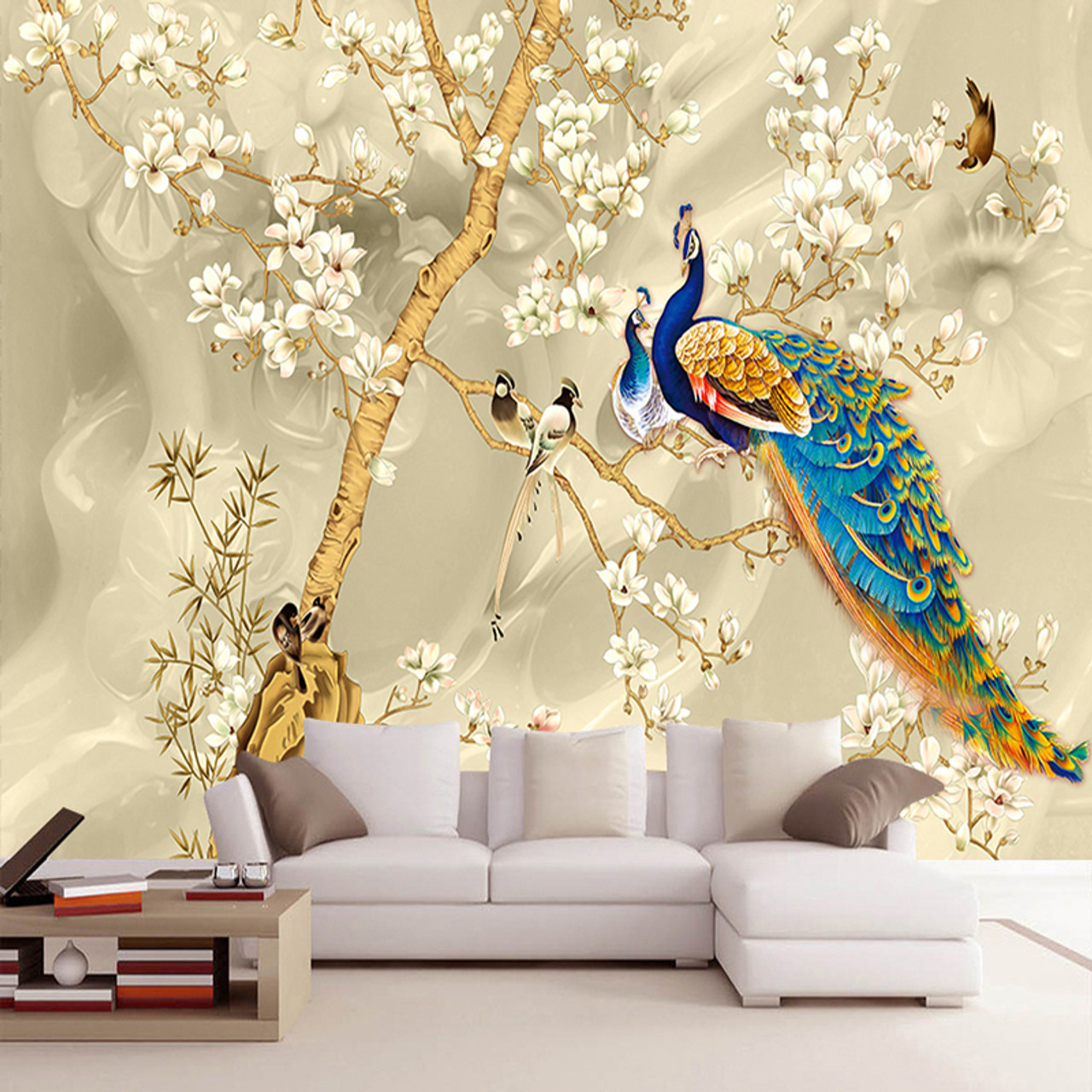 Custom Mural Wallpaper 3D Stereo Magnolia Flowers Peacock