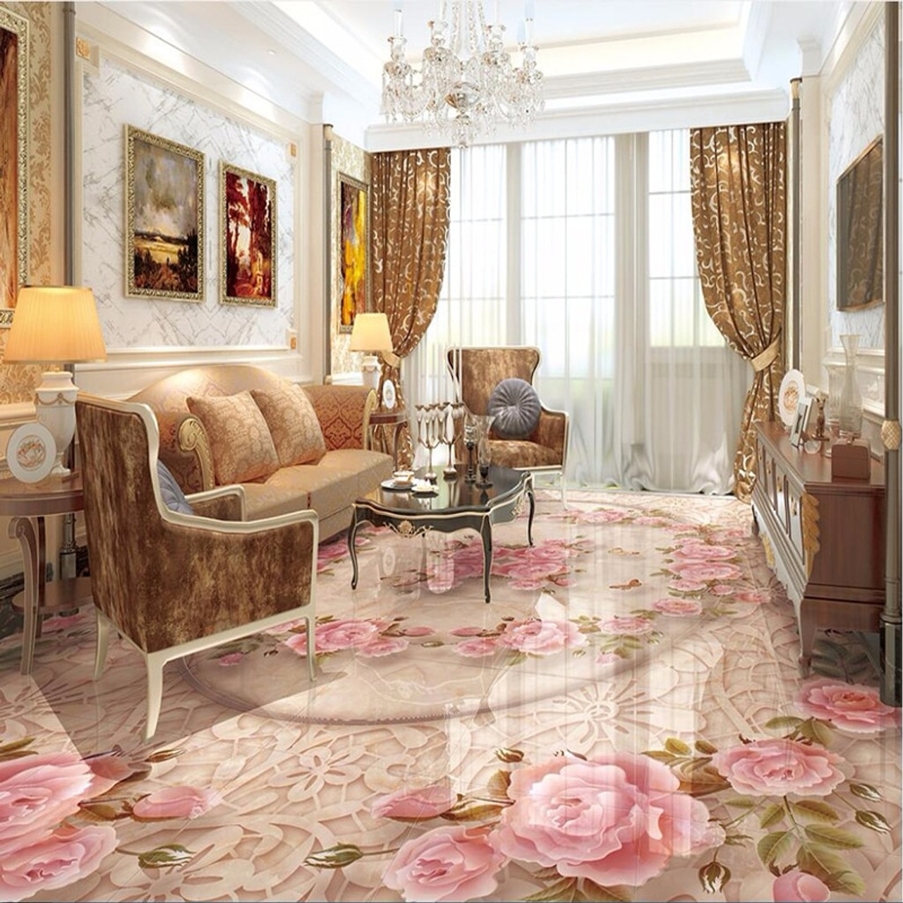 3d Wallpaper European Style Marble Floral Floor Sticker Living