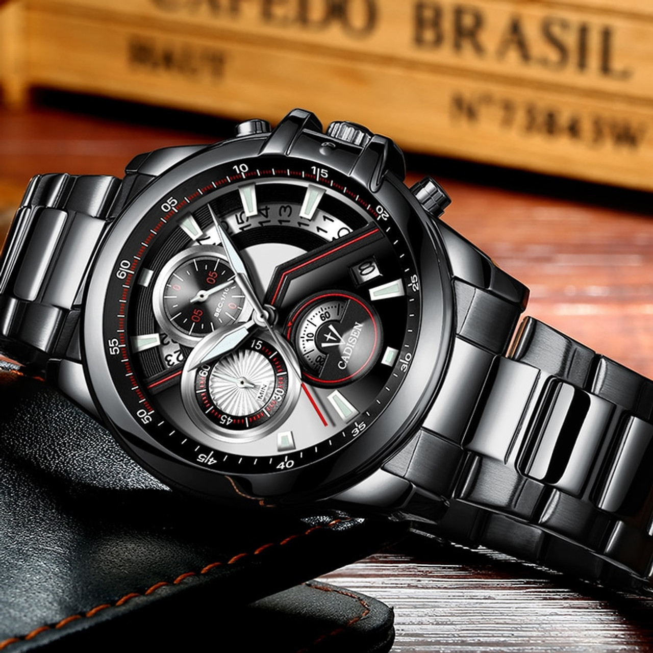 CADISEN Watch Luxury Japan Mvmt Carbon Fiber Textured Sub-Di