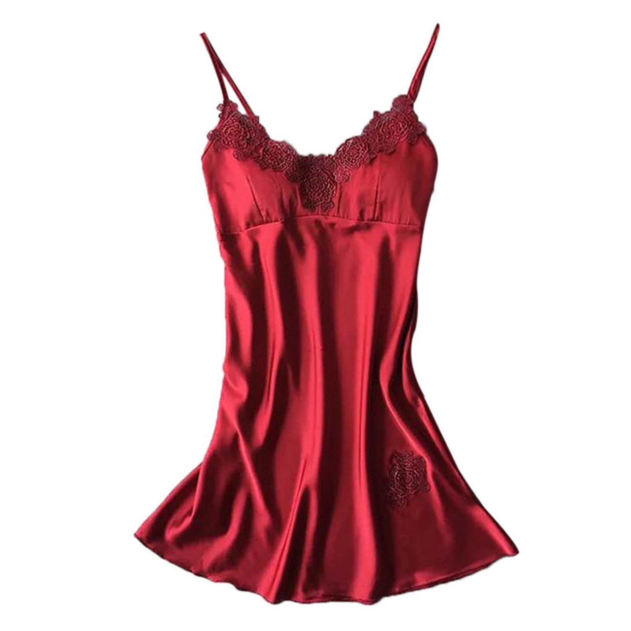 Deep V Neck Women Satin Nightgown Sexy Lace Sleepwear Strap Spaghetti Ladies Silk Nightwear 