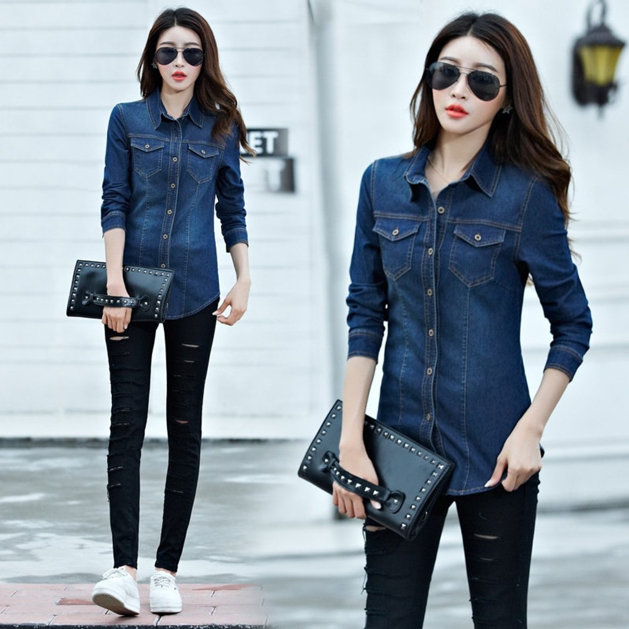 Women Vintage Denim Shirt Solid Blue Long Sleeve V Neck Casual Blouse And  Tops Ladies Jeans