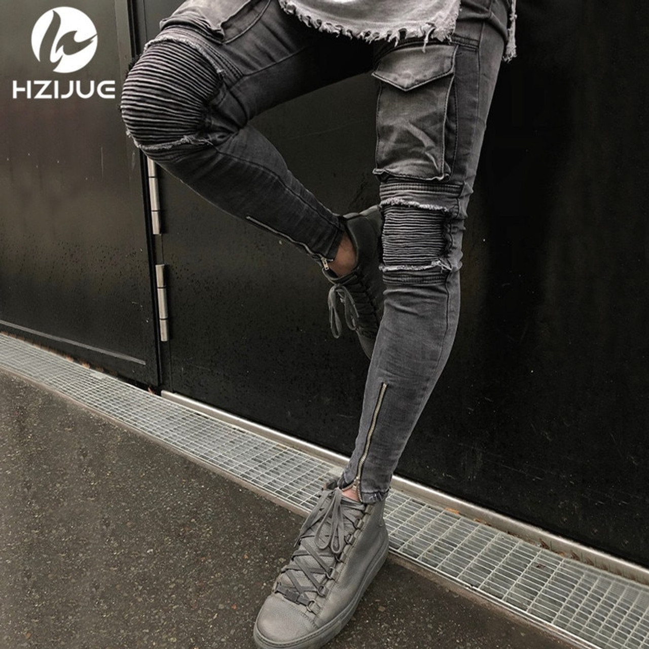 HZIJUE 2018 Hi-Street Men Knee Eversion Ripped Big Hole Men Jeans  Streetwear Skateboard Straight Pants Man Casual Elastic Jeans -  OnshopDeals.Com